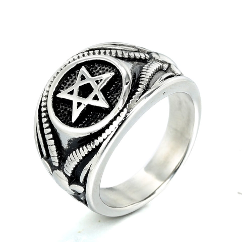 Anello da Uomo Retro Punk Pentagramma in Acciaio al Titanio Gotico Teschio Biker Band Moda Vintage Gioielli Religiosi Regalo
