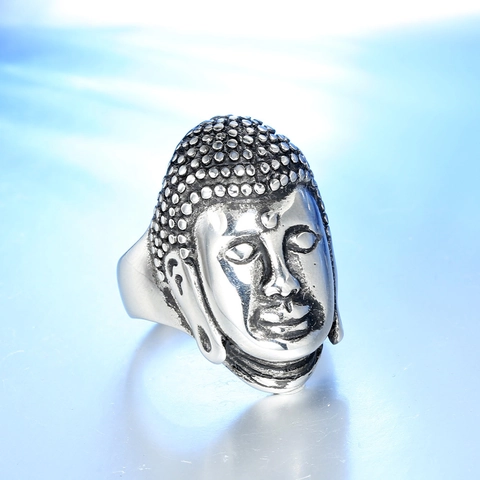 Anillo de Cabeza de Buda de Acero Inoxidable Vintage para Hombre Estilo Religioso Envejecido Joyería de Banda Personalizada Regalo