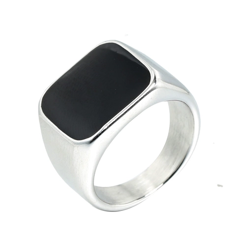Anello a Sigillo Vintage in Acciaio Inossidabile per Uomo Intarsio Epossidico Nero Quadrato Liscio Lucido Gioielli Geometrici