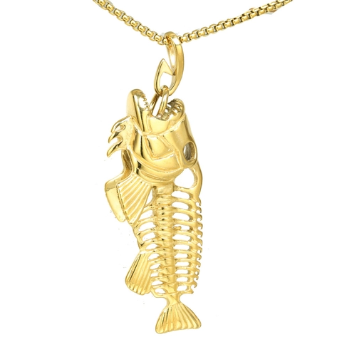 Vintage Stainless Steel Fish Bone Skeleton Pendant Necklace For Men Gothic Punk Jewelry Gift Retro Hollow Animal Bone Necklace