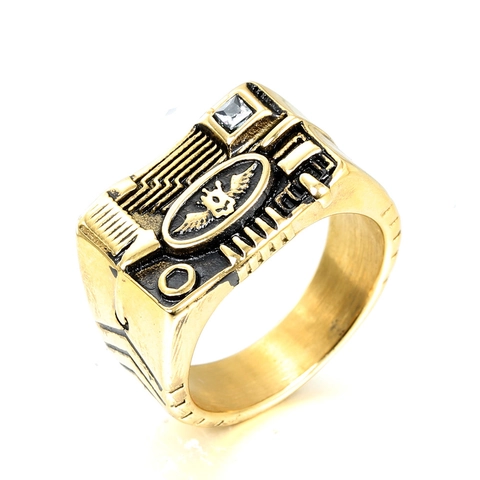 Vintage Titanium Steel Punk Winged Skull Ring With Rhinestone Geometric Industrial Signet Ring For Men Gothic Hip Hop Jewelry