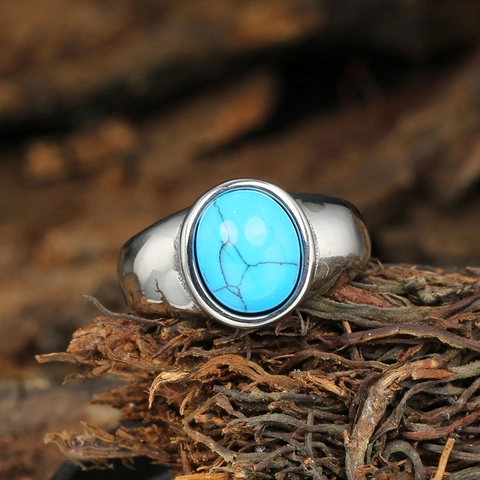 Anillo de Turquesa de Acero Inoxidable 316L Vintage para Hombre Bohemio con Piedra Azul Incrustada Joyería Retro