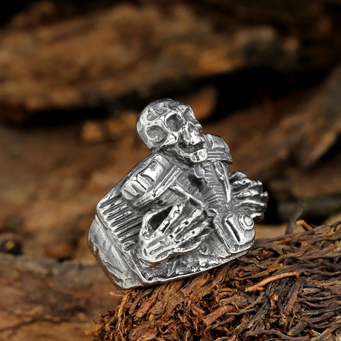 Anillo Vintage de Acero de Titanio Con Calavera y Motor V-Twin Para Hombre Punk Gótico Biker Anillo Mecánico Joyería de Moda Regalo