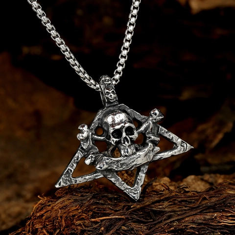 Collana con Ciondolo a Forma di Teschio in Acciaio Inossidabile da Uomo Gothic Punk Retro Pentacolo Teschio Ossa Incrociate Gioielli