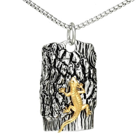 Ciondolo Geco in Acciaio Inossidabile Vintage Ciondolo Rettangolare con Texture Corteccia Punk Collana Lucertola Bicolore per Uomo Gioielli Bionici Moda