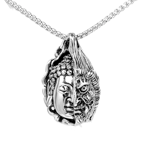 Vintage Stainless Steel Buddha And Demon Pendant Only Without Chain One Thought Between Buddha And Evil Face Pendant For Men Women Religion Jewelry