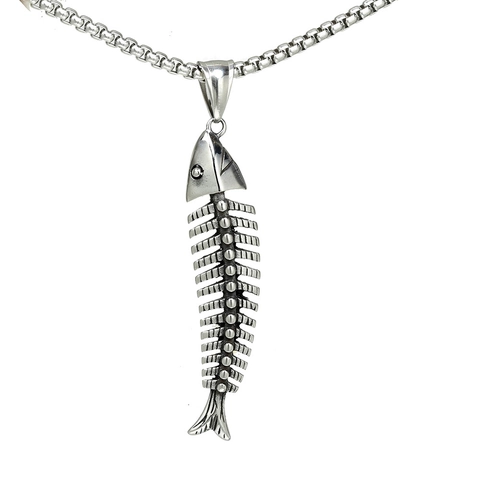 Collana con Ciondolo a Lisca di Pesce in Acciaio Inossidabile Punk Hip Hop Gioielli in Fusione di Scheletro di Pesce