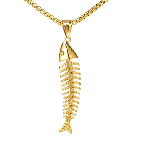 Collana con Ciondolo a Lisca di Pesce in Acciaio Inossidabile Punk Hip Hop Gioielli in Fusione di Scheletro di Pesce