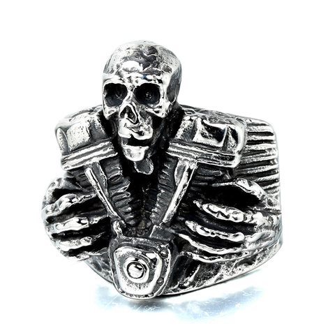 Anillo Vintage de Acero de Titanio Con Calavera y Motor V-Twin Para Hombre Punk Gótico Biker Anillo Mecánico Joyería de Moda Regalo
