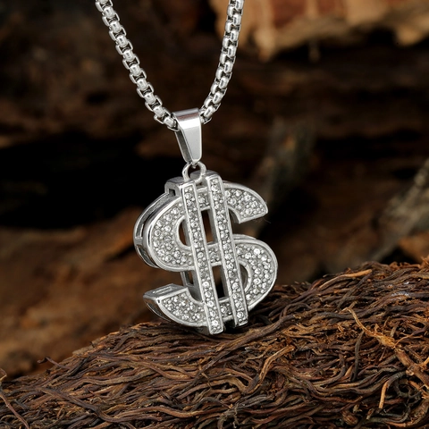 Hip Hop Dollar Sign Pendant Stainless Steel Pave Rhinestone Encrusted Charm Necklace For Men Women Jewelry