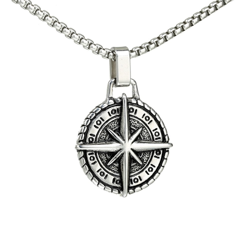 Collana con Ciondolo a Bussola in Acciaio Inossidabile Vintage per Uomo Medaglione Rotondo a Stella a Otto Punte Gioielli Punk Hip Hop