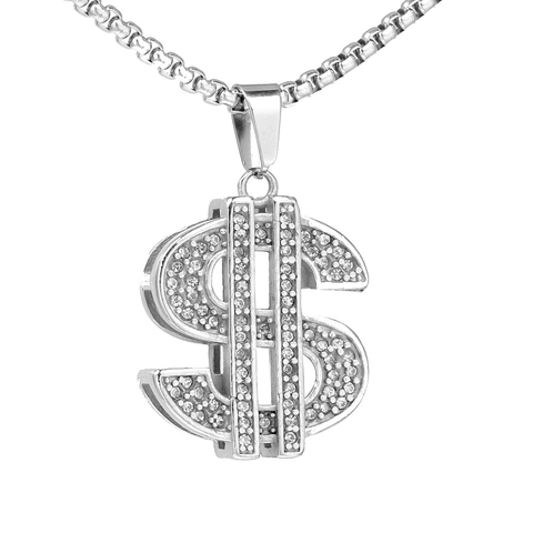 Hip Hop Dollar Sign Pendant Stainless Steel Pave Rhinestone Encrusted Charm Necklace For Men Women Jewelry