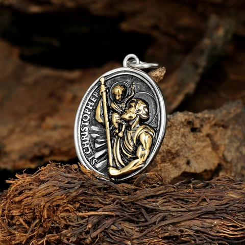 Vintage Edelstahl Hl Christoph Medaillon Anhänger Halskette Religiöses Relief Ovales Münzmedaillon Für Herren Schmuck Geschenk