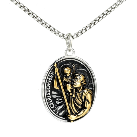 Vintage Edelstahl Hl Christoph Medaillon Anhänger Halskette Religiöses Relief Ovales Münzmedaillon Für Herren Schmuck Geschenk