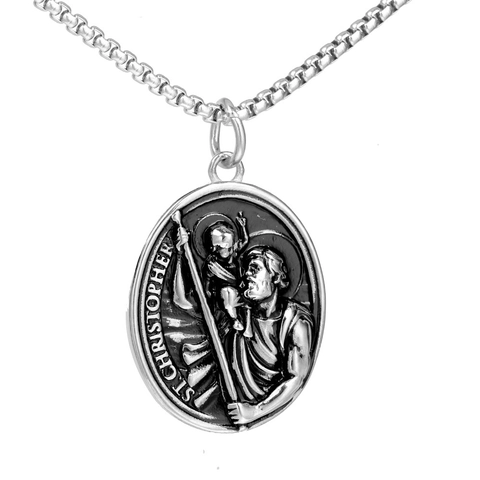 Vintage Sankt Christoph Anhänger Edelstahl Religiöses Amulett Oval Geprägt Silber Gold Ton Schmuck Für Damen Herren