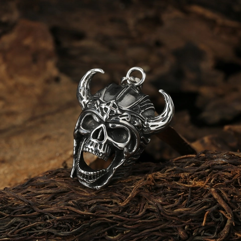 Collana con Ciondolo a Teschio Vichingo in Acciaio Inossidabile Gioielli Punk Gothic Argento Antico per Uomo Collana Guerriero
