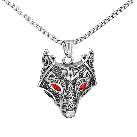 Vintage Stainless Steel Wolf Head Pendant For Men Retro Nordic Celtic Knot Animal Necklace Rhinestone Eyes Punk Jewelry