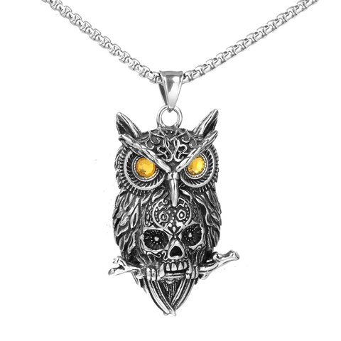 Collar con Colgante de Calavera de Búho Punk Vintage para Hombre Mujer Acero Inoxidable Retro Gótico Animal Ojos de Strass Joyería