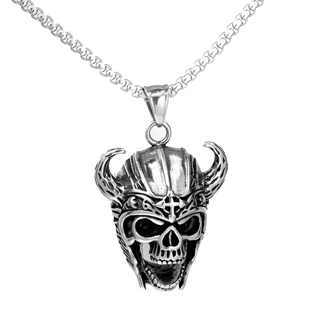 Collana con Ciondolo a Teschio Vichingo in Acciaio Inossidabile Gioielli Punk Gothic Argento Antico per Uomo Collana Guerriero