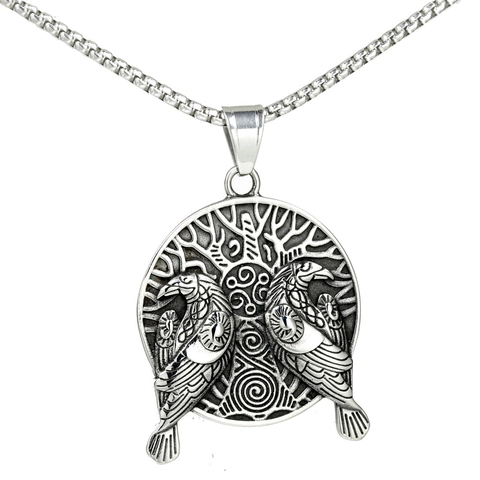 Ciondolo Solo Vichingo Vintage Corvi di Odino Yggdrasil Albero della Vita Acciaio Inossidabile Rilievo Corvo Rotondo per Uomo Donna