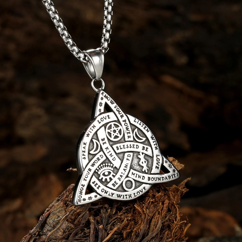 Viking Occult Celtic Trinity Knot Triangle Stainless Steel Pendant Necklace Script Mystical Rune Mystery Jewelry Unisex Spiritual Gift