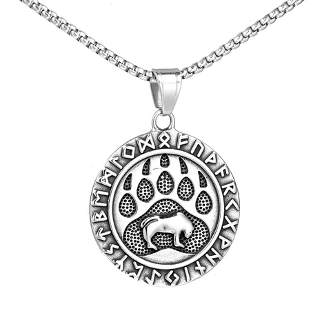 Vintage Viking Bear Claw Stainless Steel Necklace For Men Nordic Rune Pattern Round Disc Pendant Retro Hip Hop Jewelry