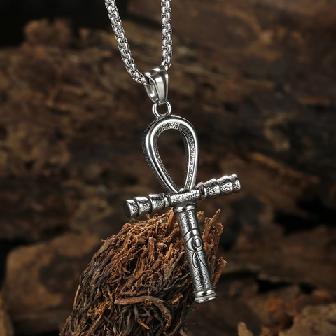 Collar con Colgante de Cruz Ankh del Antiguo Egipto de Acero Inoxidable Vintage para Hombre Joyería de Protección Religiosa Retro Punk