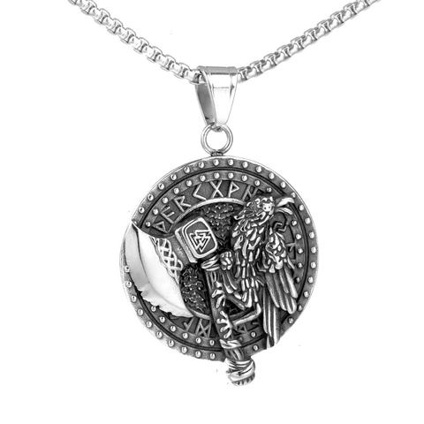 Vintage Viking Axe Raven Rune Stainless Steel Pendant Necklace Retro Punk Norse Mythology Men Jewelry Silver Tone