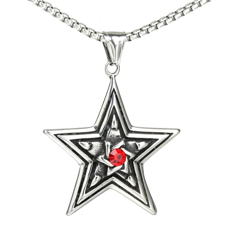 Stainless Steel Red Rhinestone Pentagram Star Pendant Retro Gothic Punk Hip Hop Jewelry For Men Pendant Only Without Chain
