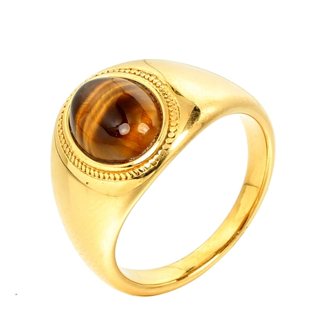 Anillo de Acero Inoxidable Vintage Con Piedra de Ojo de Tigre Ovalada para Hombre Mujer Anillo de Sello Geométrico Simple