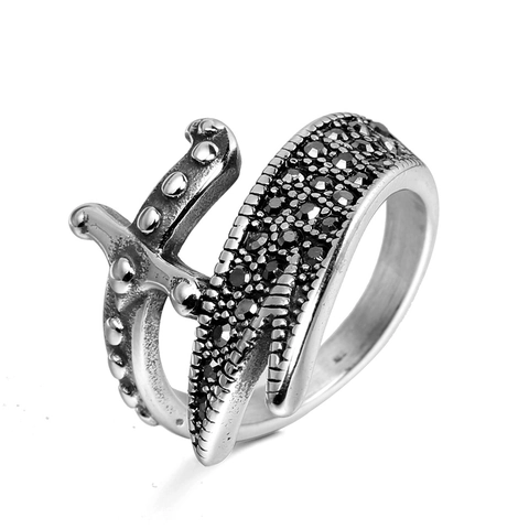 Anello da Uomo in Acciaio Inossidabile a Forma di Spada Vintage Punk Gotico Con Intarsio di Strass Neri Gioielli Personalizzati