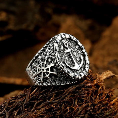 Anello Ancora in Acciaio Inossidabile Vintage per Uomo Timone Intagliato Punk Rock Hip Hop Biker Gioielli a Fascia
