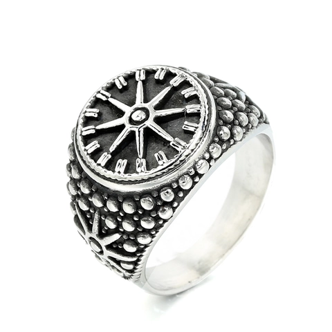Anello Vichingo Bussola Vintage per Uomo in Acciaio Inossidabile Totem Nordico Anello a Sigillo Punk Rilievo Numeri Romani
