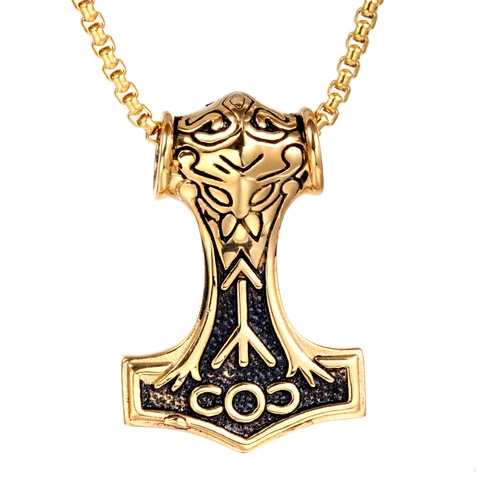 Vintage Norse Mythology Thor's Hammer Stainless Steel Pendant Necklace For Men Viking Mjolnir Rune Relief Punk Style Jewelry Gift
