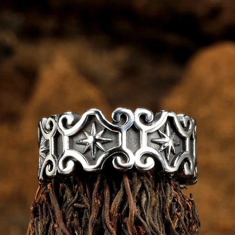 Vintage Gothic Stainless Steel Cross Ring For Men Retro Wide Band Star Scrollwork Pattern Punk Rock Biker Jewelry Gift