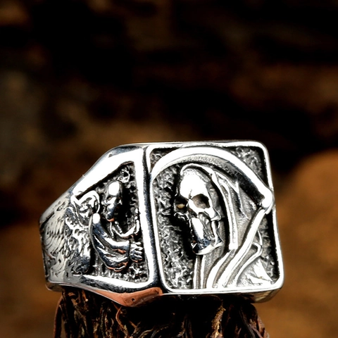 Anello in Acciaio Inossidabile con Teschio del Mietitore per Uomo Gothic Punk Hip Hop Mietitore con Falce Gioielli Biker