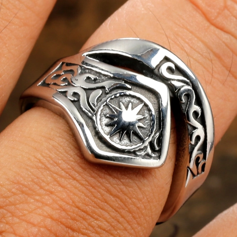 Anello da Uomo in Acciaio Inossidabile Vintage Retro Hip Hop Sole Stella Totem Anello a Fascia Lucidato Punk Gioielli