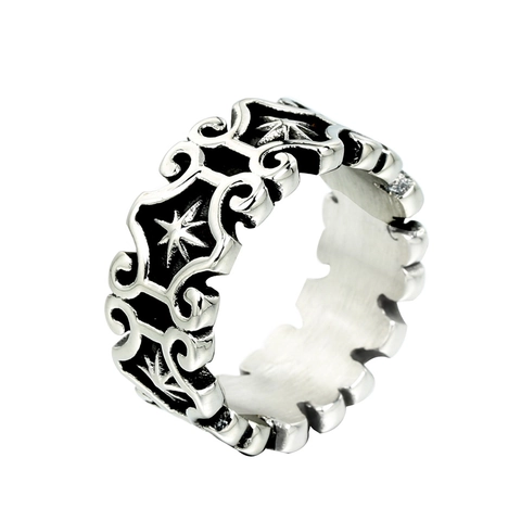 Vintage Gothic Stainless Steel Cross Ring For Men Retro Wide Band Star Scrollwork Pattern Punk Rock Biker Jewelry Gift