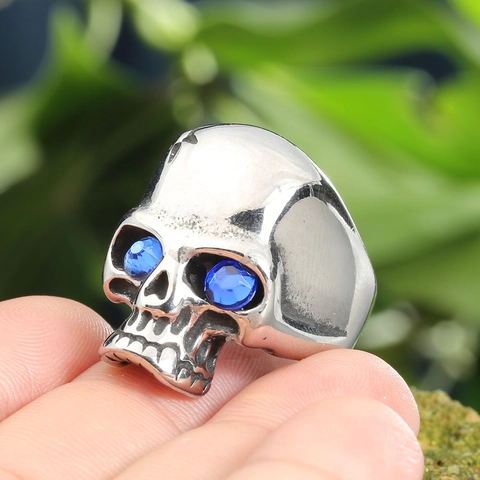 Anello Teschio Gotico Vintage Uomo Acciaio Inossidabile Lucidato Punk Rock Biker Anello Rosso Blu Strass Occhio Stella