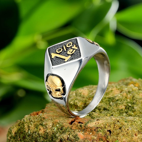 Anello in Acciaio Inossidabile da Uomo Punk Retro Scritta 1%er Teschio in Rilievo Bicolor Biker Hip Hop Gioielli Uomo