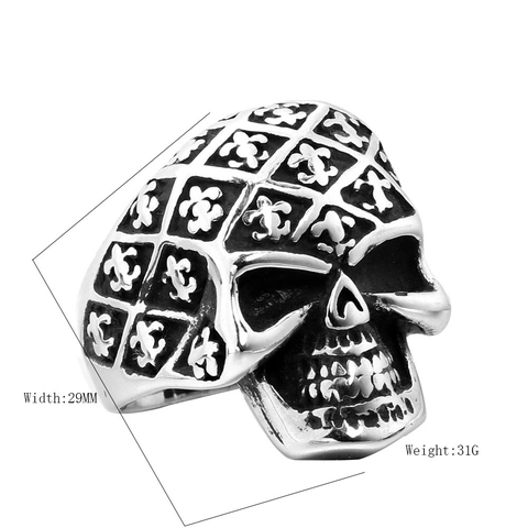 Anello Teschio in Acciaio Inossidabile Vintage per Uomo Anello da Dito Punk Gotico Motivo a Scacchi Giglio Gioiello Maschile