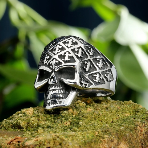 Anello Teschio in Acciaio Inossidabile Vintage per Uomo Anello da Dito Punk Gotico Motivo a Scacchi Giglio Gioiello Maschile