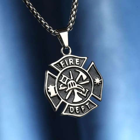 Stainless Steel Fire Dept Maltese Cross Pendant Necklace For Men Firefighter Professional Commemorative Jewelry Silver Color