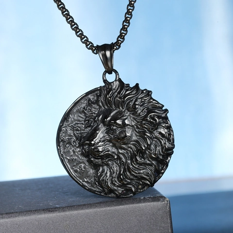 Vintage Edelstahl Löwenkopf Runder Anhänger Für Herren Geprägtes Relief Löwen Charm Gold Schwarz Halsschmuck Ohne Kette
