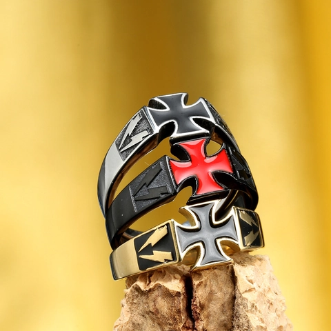 Men's Stainless Steel Iron Cross Ring Vintage Biker Punk Gothic Lightning Pattern Band Ring Fashion Jewelry For Men