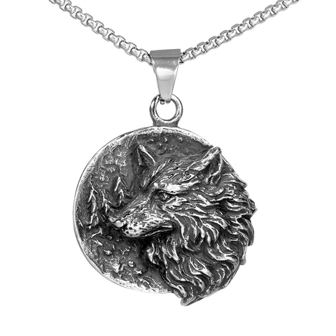Collana con Ciondolo Testa di Lupo Vichingo Nordico Vintage in Acciaio Inossidabile a Rilievo Rotondo per Uomo Gioielli Punk Gothic