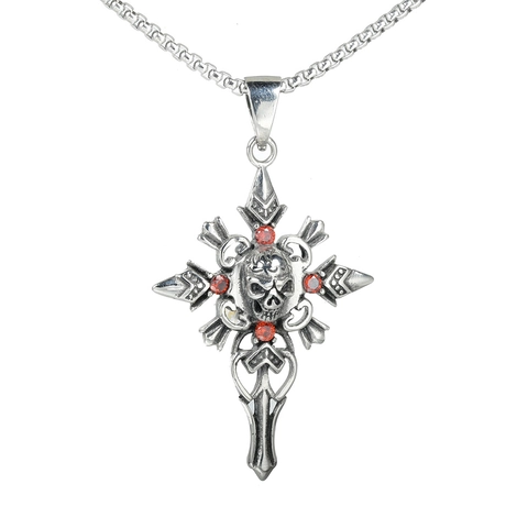 Collar con Colgante de Cruz de Calavera Gótica Vintage de Acero Inoxidable para Hombre con Zirconia Roja Incrustada Estilo Punk