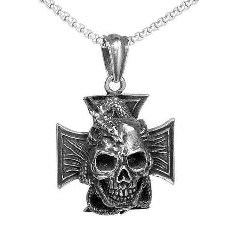 Colgante de Cráneo Dragón Cruz de Hierro de Acero Inoxidable Punk Gótico Collar de Metal Retro Envejecido para Hombre Joyería Unisex