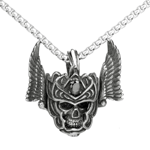 Collana Gotica con Ciondolo a Forma di Teschio con Elmo e Ali in Acciaio Inossidabile per Uomo Gioielli Punk Biker Vintage