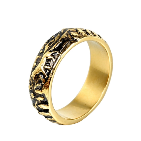 Vintage Viking Stainless Steel Wolf Relief Ring For Men Distressed Antique Gold Finish Forest Mountain Animal Band Ring Jewelry